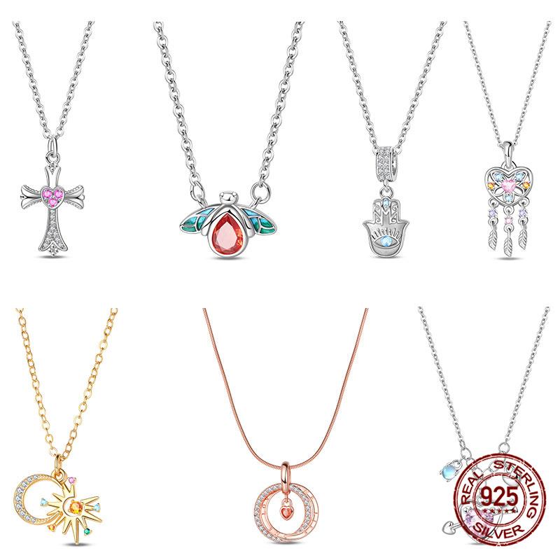 New Original 100% 925 Silver Firefly & Cross Guardian Pendant Women's Necklace Elegant Anniversary Birthday Gift