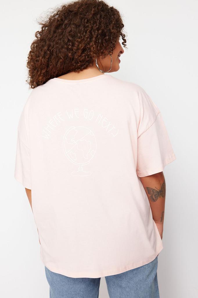 Женский стиль, большие размеры, светло-розовая трикотажная футболка из 100% хлопка с принтом на спине, свободного покроя, с круглым вырезом