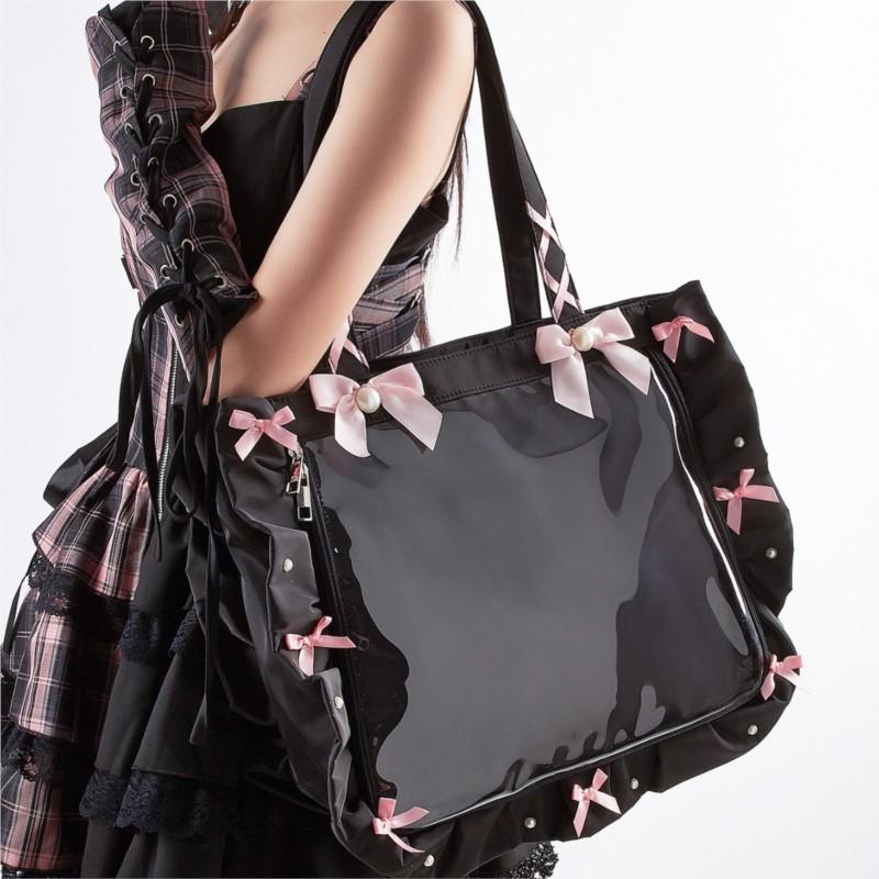 Japanese Ruffled Ribbon Bow Ita Bag Women Sweet Cute Multifunctional Clear Shoulder Purse Ladies Anime Badge Spacious Tote Bag