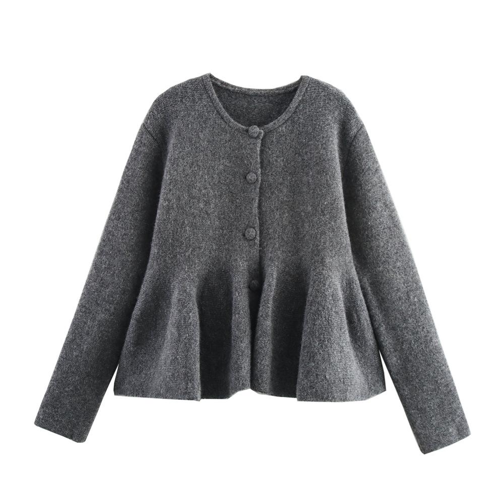 Женский короткий вязаный кардиган на весну 2025 года с круглым вырезом и длинными рукавами