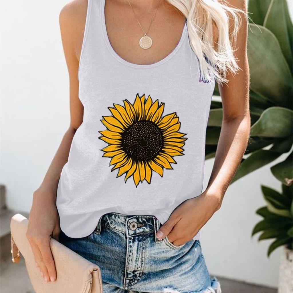 Women Plus Size Summer Sunflower Print Round Neck Sleeveless T-shirt Top Tank
