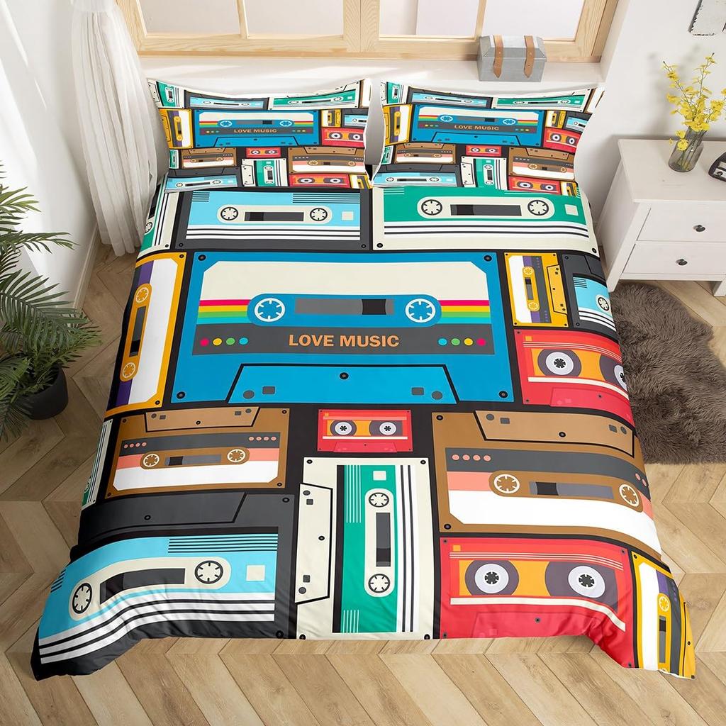 Cartoon Black Record Duvet Cover Set Retro Record Comforter Cover for Boy Girl Music Theme Bedding Set Queen King Duvet Covers