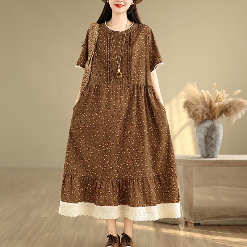 Короткий рукав Плюс размер Хлопок лен винтажный цветочный новый в платьях для женщин повседневное свободное длинное летнее платье