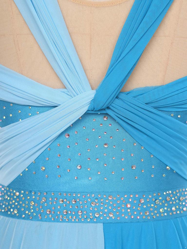 Womens Lyrical Dance Dress Rhinestone Color Block Mesh Design Ruched Twisted Knot Irregular Hem Leotard