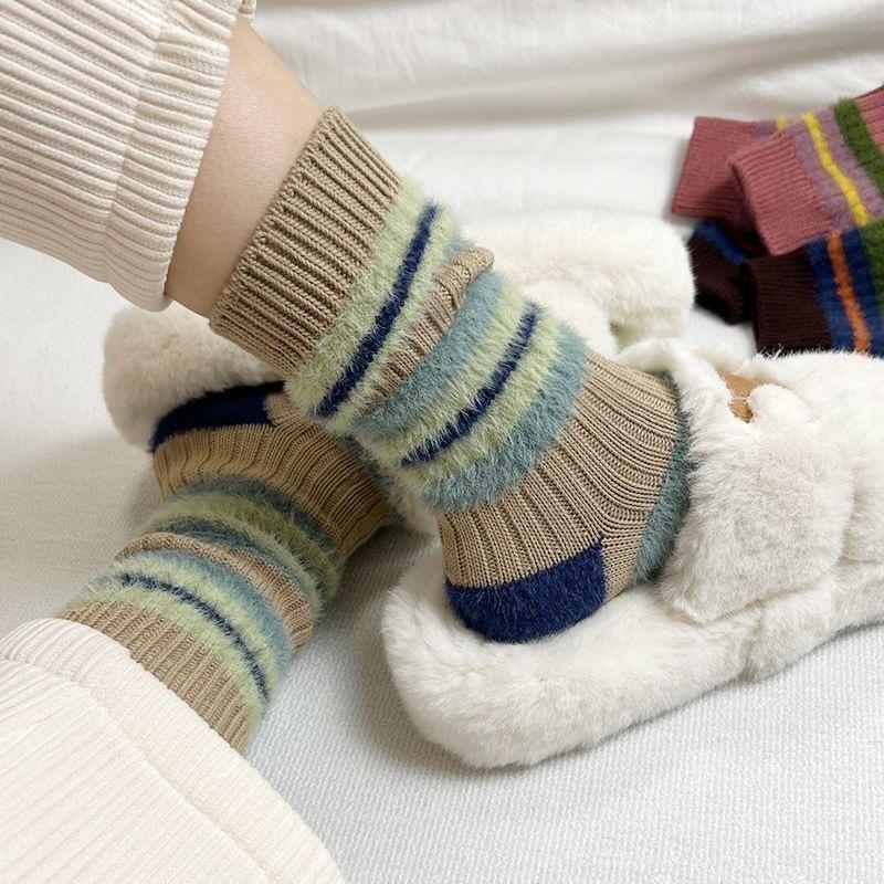 Colorful Striped Socks Women Autumn Winter Mink Fleece Floor Sock Soft Thicken Plush Indoor Socks Female Fluffy Sox