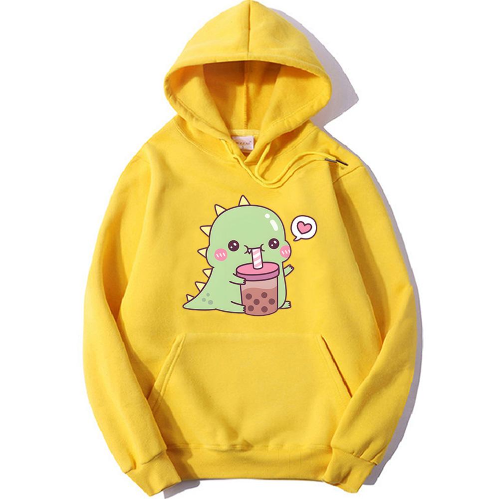 Kawaii/милый Boba Tea Dinosaur Hoodies Women/Men Casual Hoody Winter Fleece Clothing Long Sleeve Korean Esthetic Pullover