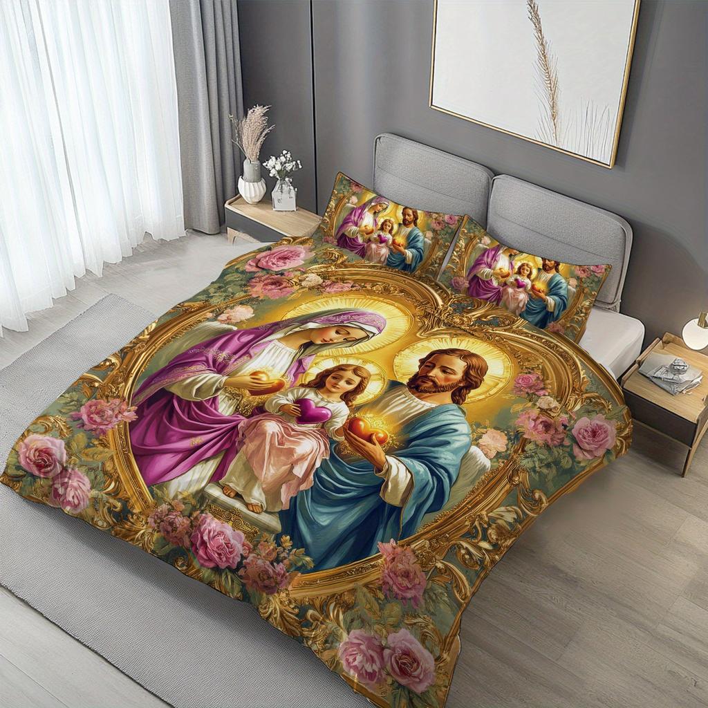 Latacaca 3 предмета Комплект пододеяльника «Святое Семейство» Розовые розы и золотая рамка Комплект постельного белья высокой четкости Для дома, для спальни
