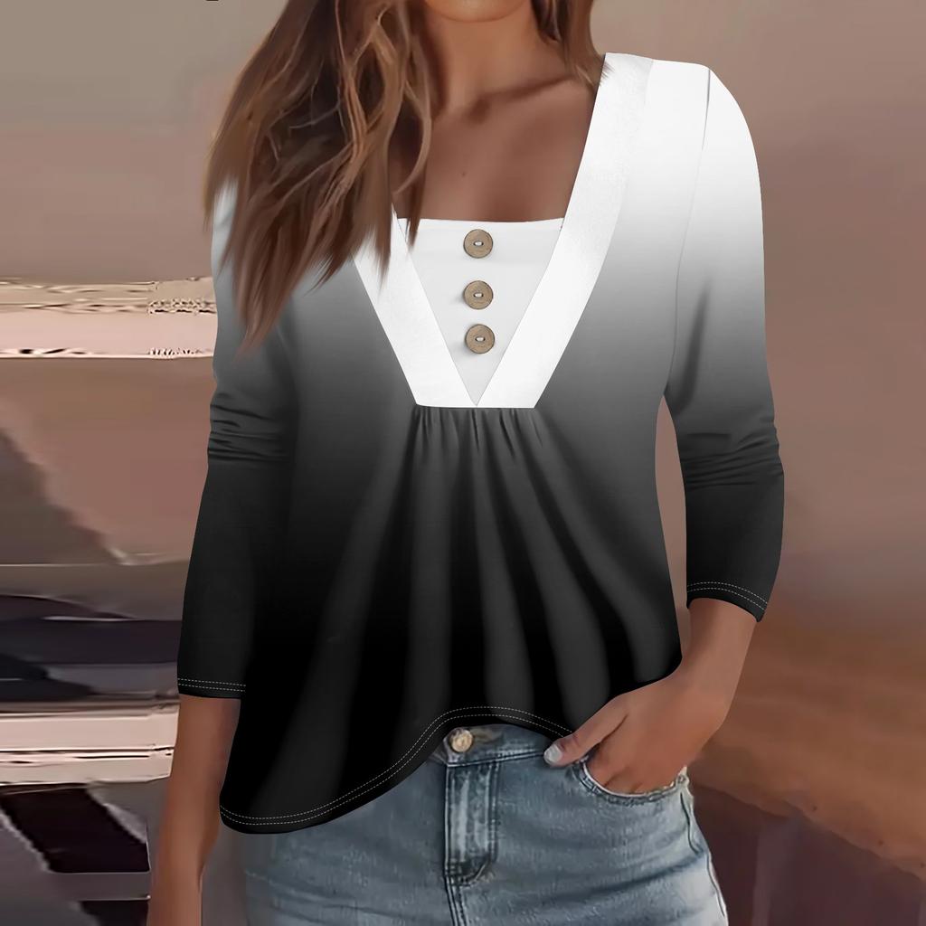 Women's Fashion Casual Long Sleeve Shirt Gradient Printed Button V Neck Up Tops
