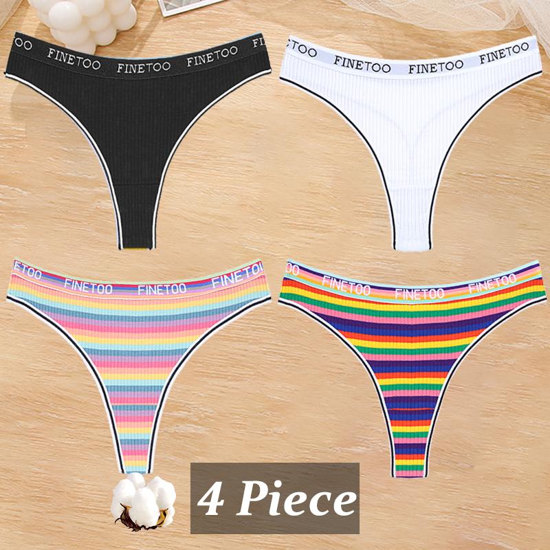 4Pcs/Set Women Cotton Colorful Stripe Panties Sexy Underwear G-Strings Rainbow Thongs Female Soft Breathable Intimates Lingerie