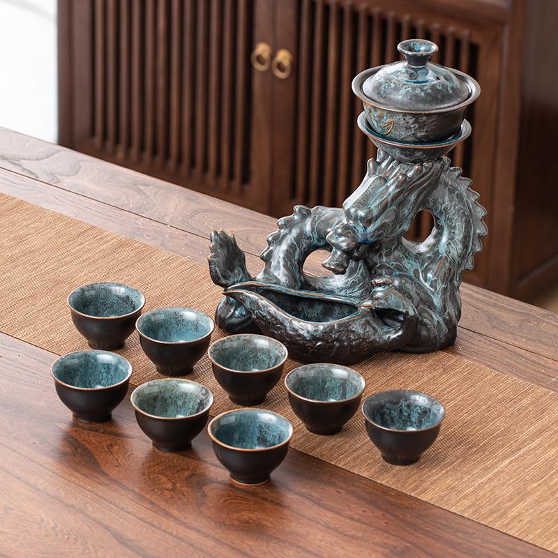 1 Set of Rotating Teapot, Ceramic Kiln Turns Into Phoenix and Auspicious Teapot Set, Semi-Automatic Tea Set, Lazy Kung
