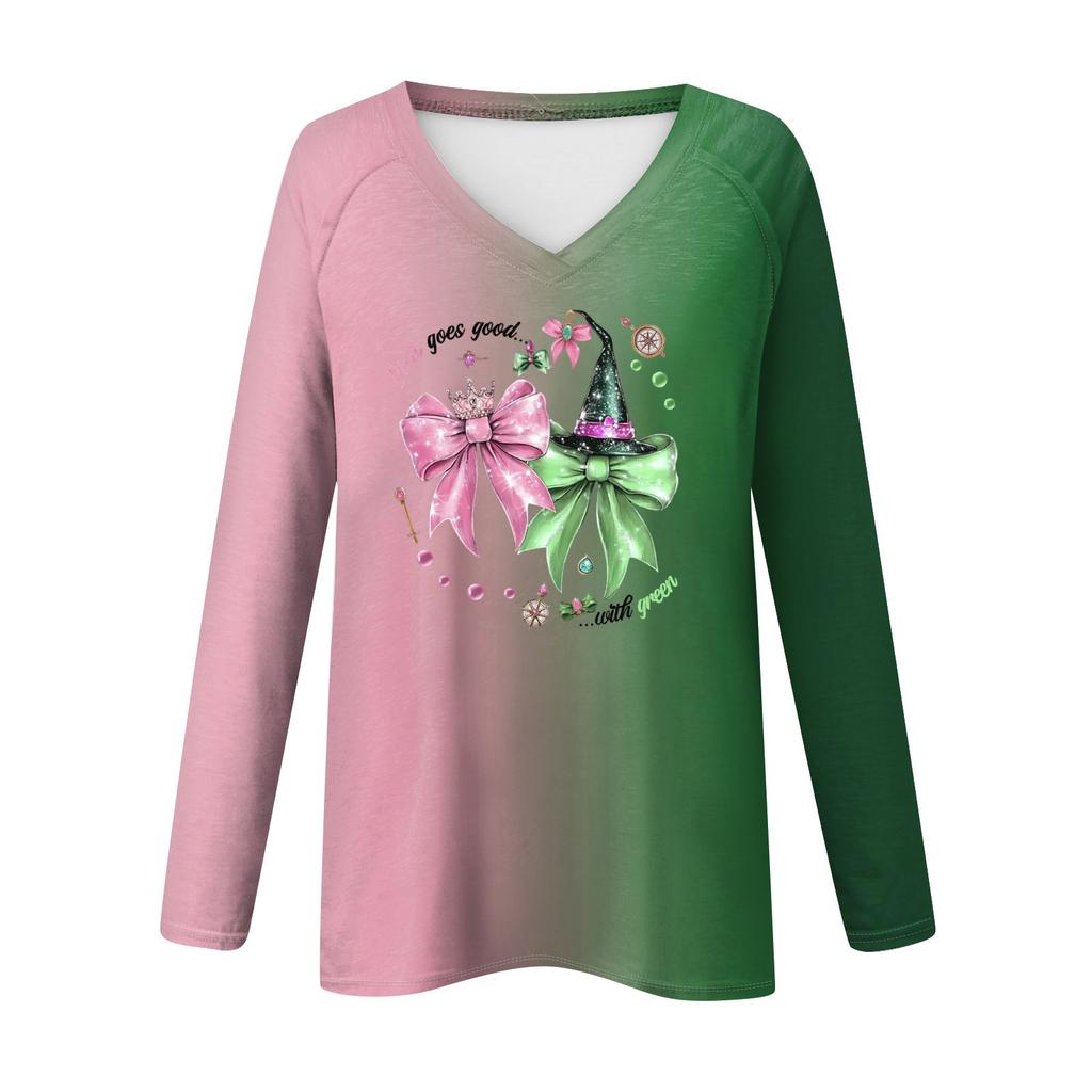 Women's Long Sleeve Plunger Sleeve Witch Printed Casual Top T-Shirt