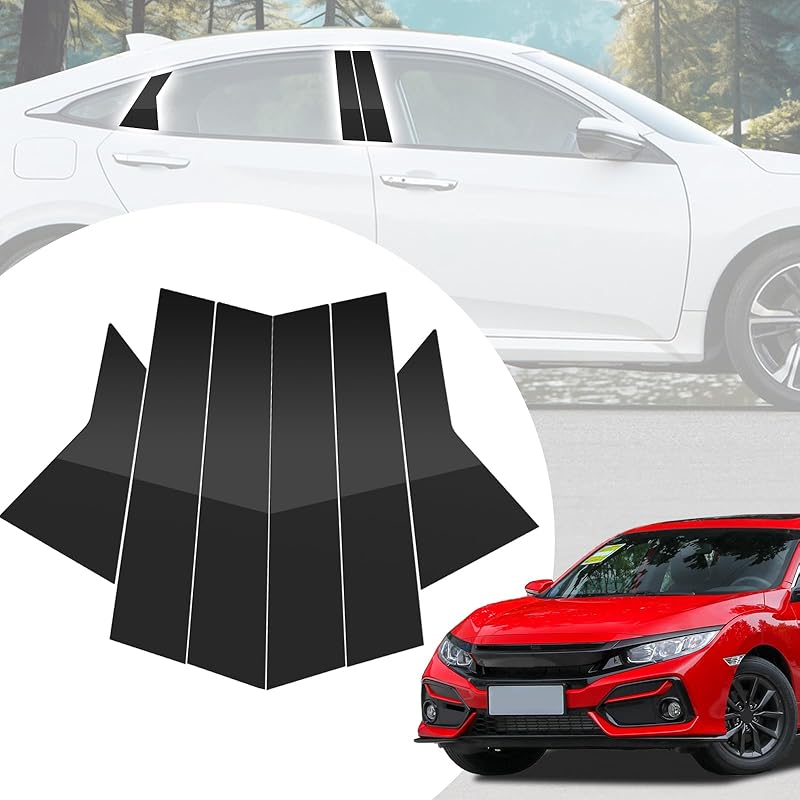 6pcs Glossy Black Exterior Door Window Pillar Posts Molding Cover Panel Trim Stickers Side Door Window Cover Trim Kits for Honda Civic 11th Gen