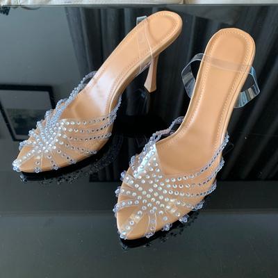 Модные женские туфли из прозрачного ПВХ с бриллиантами на высоком каблуке, женские босоножки на свадьбу с тонким ремешком и открытой пяткой, туфли-лодочки