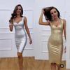 Chic Sleeveless Gold-Bandage Dress: Low-Cut, Hip-Wrapped Party Outfit