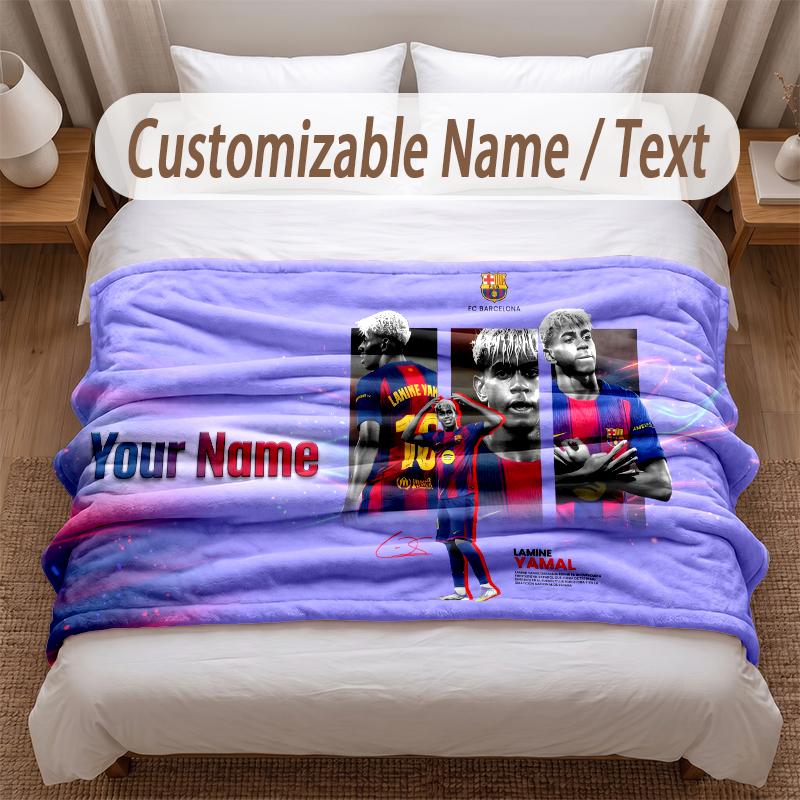 Lamine Yamal Printed Flannel Blanket Custom Name Text Soft Warm Throw For Bedroom Holiday Gift