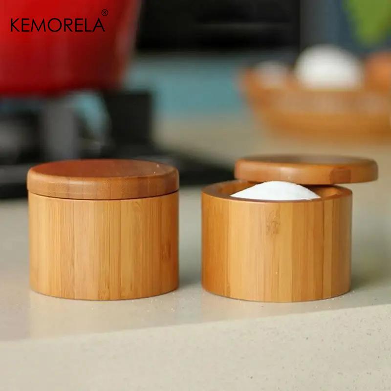 1 шт. Бамбуковая деревянная солонка с магнитной поворотной крышкой - кухонный контейнер для хранения специй, трав и приправ