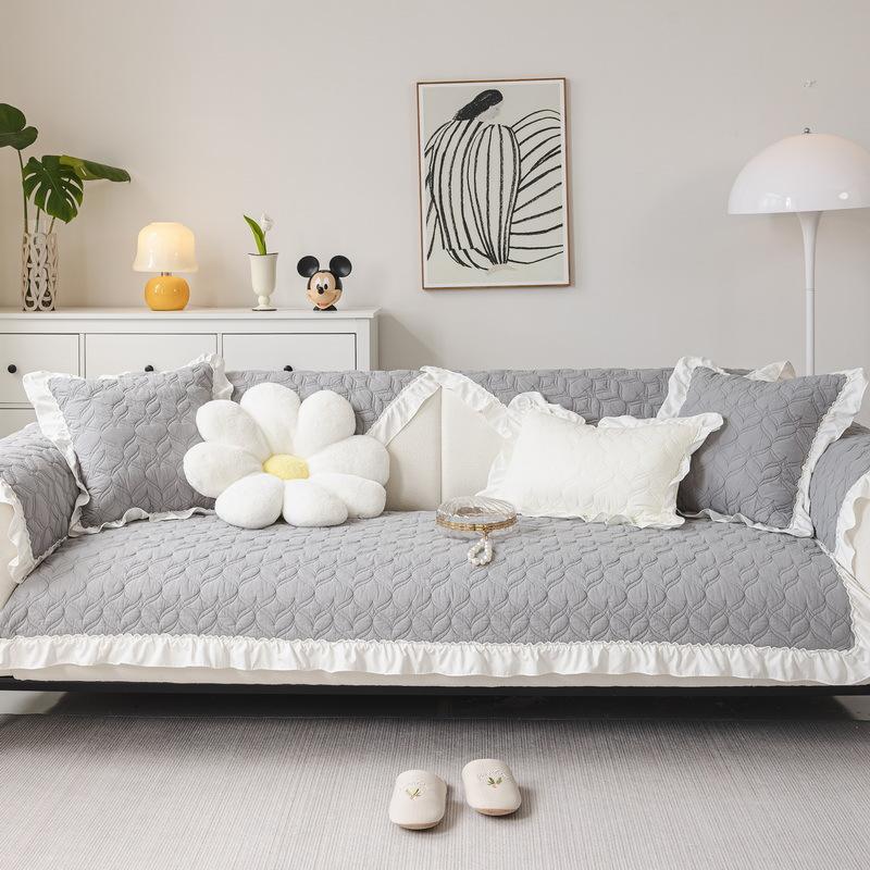 Washed Cotton Sofa Cushion, Four-Season Universal Fabric  New Pure Cotton Cream Ruffle Edge Non-Slip Cover Cloth