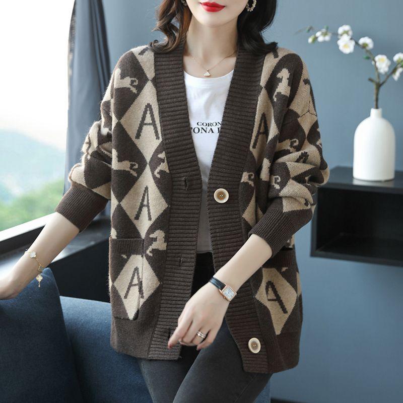 Women Plus Size Knitted Cardigan Sweater V Neck Printed Casual Loose Spring Autumn