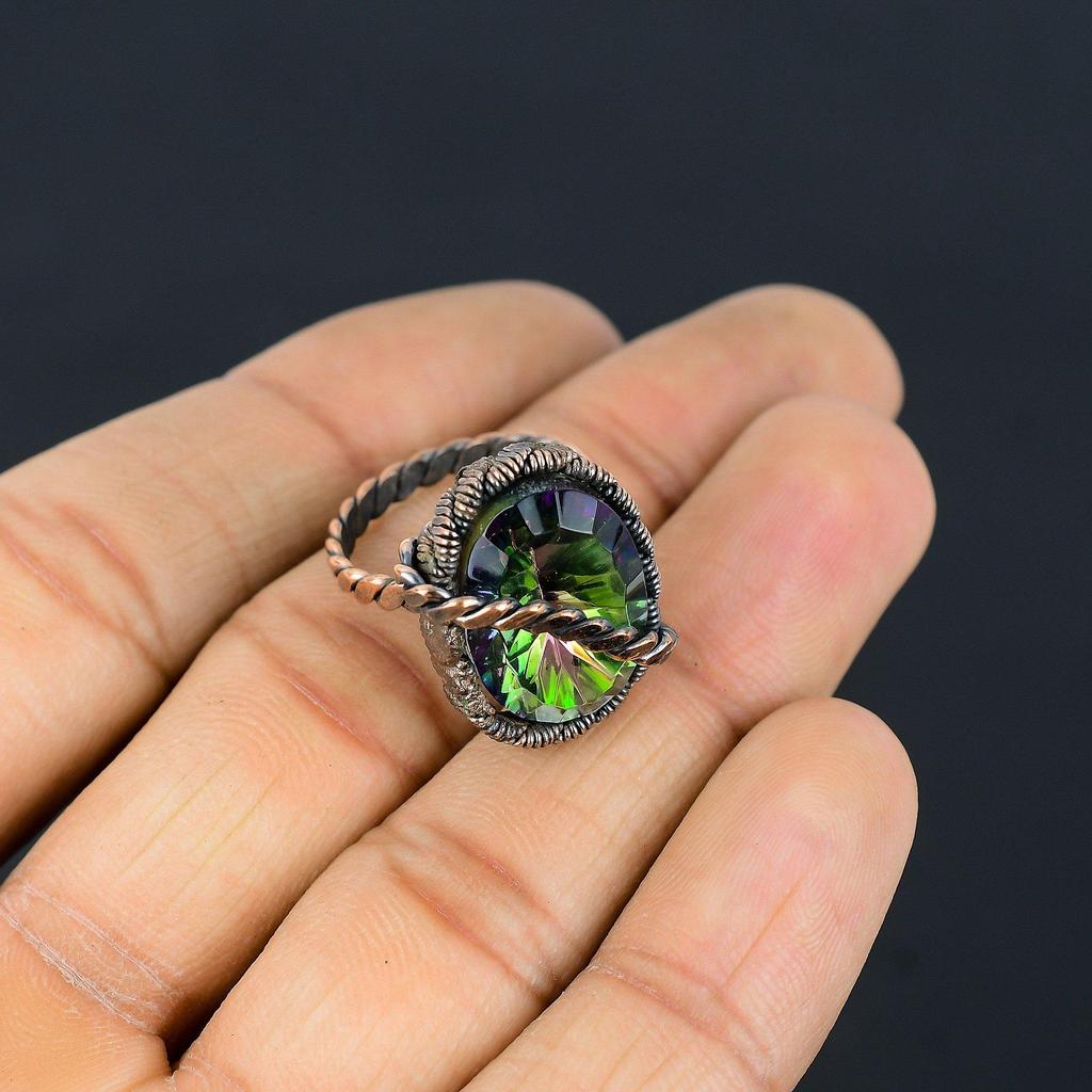 Mystic Topaz Gemstone Copper Wire Wrapped Handmade Jewelry Ring For Her