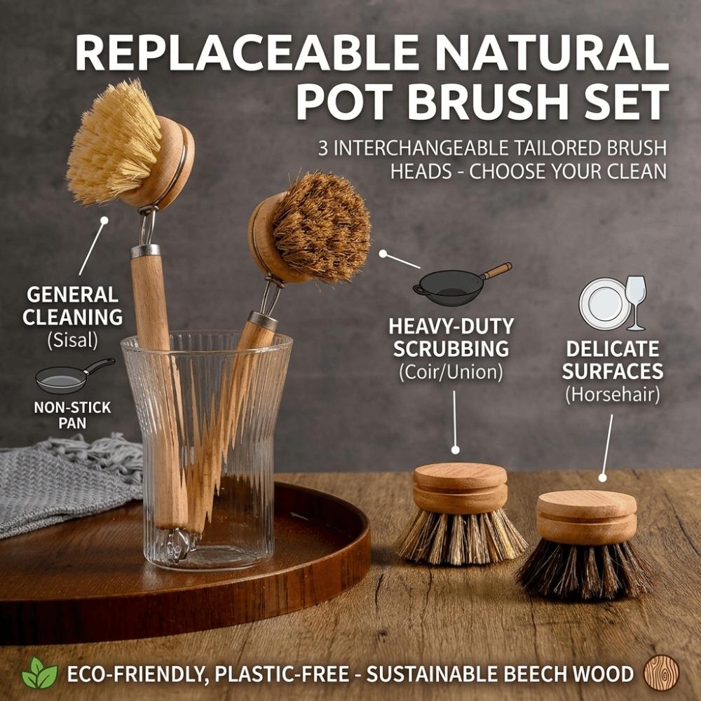 Solid Wood Dish Pot Brush Replaceable Frying Pan Brush Kitchen Cleaning Brush Home Cleaning