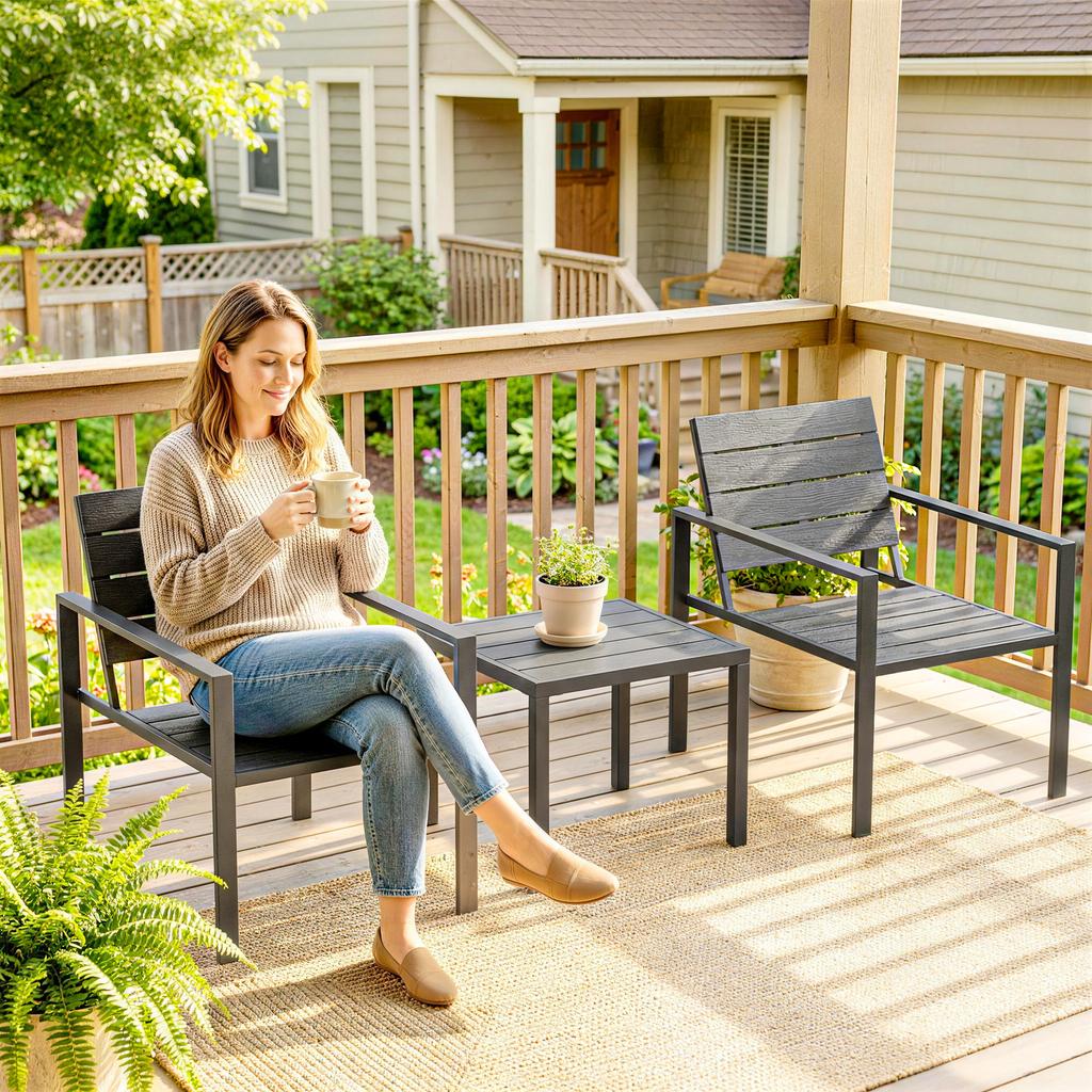 3 Pieces Garden Bistro Set For 2 Outdoor Bistro Table And Chairs With Metal Frame Plastic Patio Furniture Set