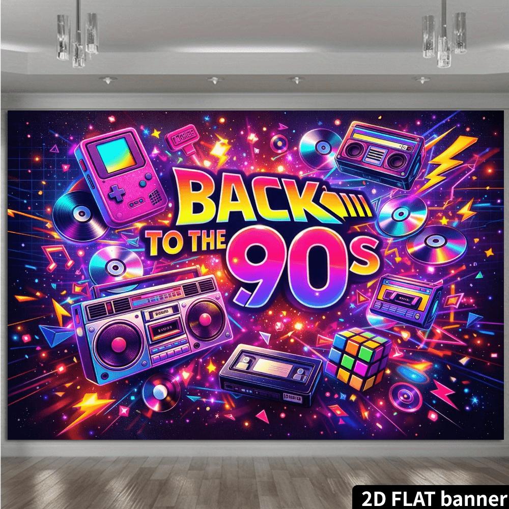 2D Flat Banner - Retro 90s Music Party Background Fabric Design in Graffiti Style