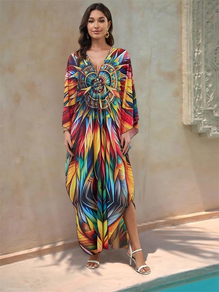 EDOLYNSA Vintage Colorful Printed Women's Plus Size Kaftan 2024 Summer Boho V-Neck Batwing Sleeve Sexy Beach Cover-ups Cozy House Dress Q1588