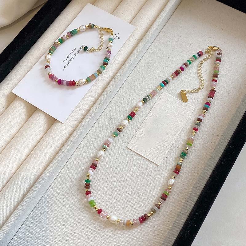 New Trendy Colorful Beads Stone Natural Pearl Choker Necklaces for Women Girls Vintage Gold Color Necklaces Bracelet Zircon Set
