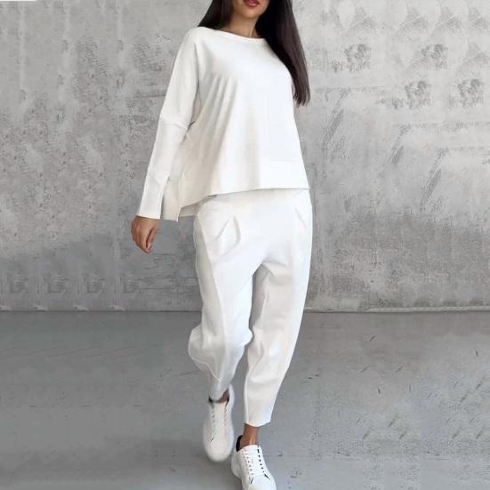 2 шт./комплект женский топ брюки костюм круглый вырез длинный рукав сплошной цвет