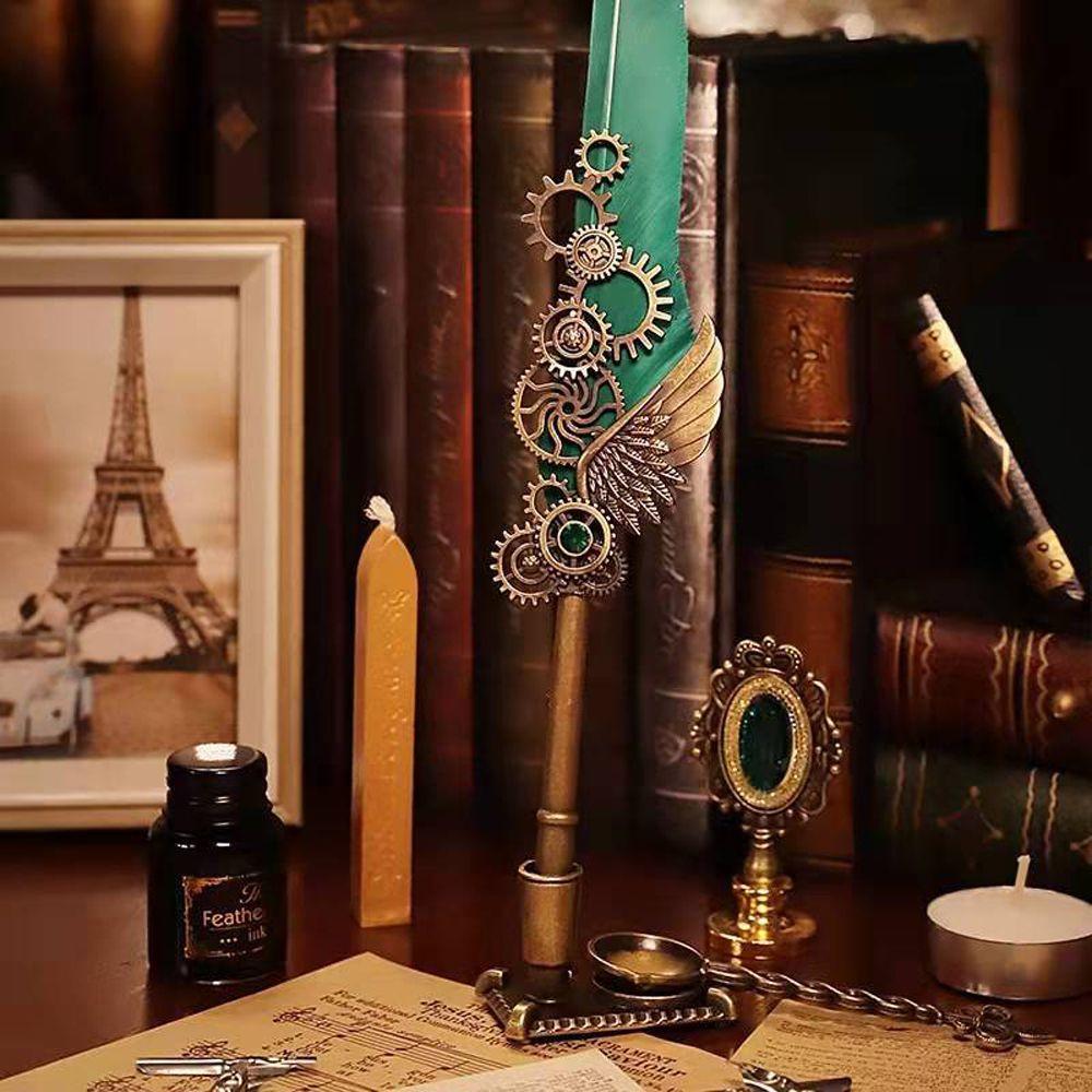 Carving Pen Stand Base Feather Pen Set Glittering Quill Pen Set Writing Dip Pen Feather Dip Pen