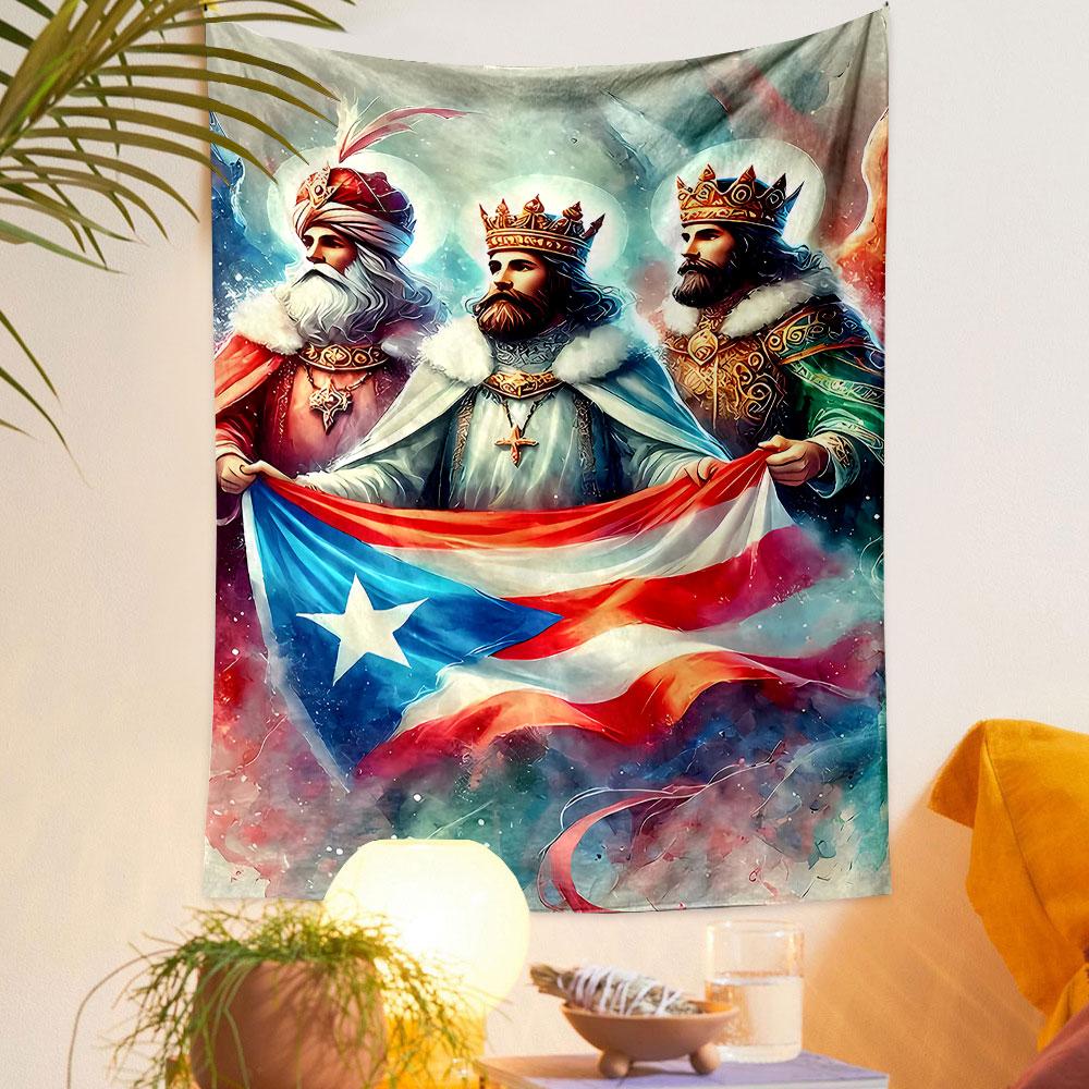 "Three Kings with Puerto Rican Flag Art" Patterned tapestry home decor, suitable for bedroom and living room, gift