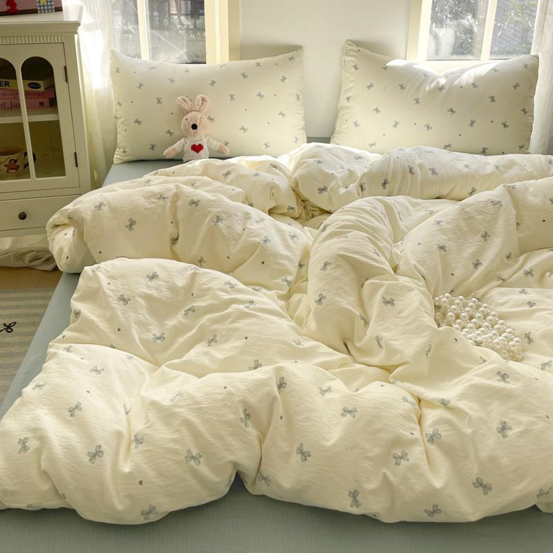 G5Z25 Jacquard Four-Piece Nude-Sleep Bedding Set with Cloud-Feel Double-Layer Gauze  for Girls, Includes Duvet Cover and Fitted Sheet