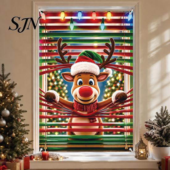 Christmas Party Background Decor Window Cover Banner with Santa Claus and Elk Patterns, Xmas Winter Holiday Home Peeking Ornament, Wall Hanging