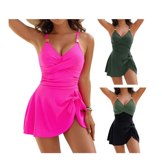 Женский монокини с V-образным вырезом, открытой спиной, однотонный слитный купальник-бикини с плиссированной юбкой на талии, S-образный купальник