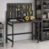 Workbench with Pegboard, Foldable Mobile Workbench with Casters, Thick Work Surface, Steel Frame, Hooks, Black