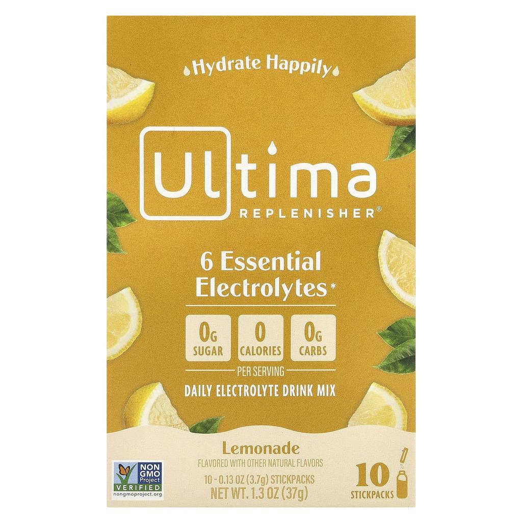 Ultima Replenisher 6 Essential Electrolytes, Daily Electrolyte Drink Mix, Lemonade, 10 Stick Packs, 0.13 Oz (3.7 G)