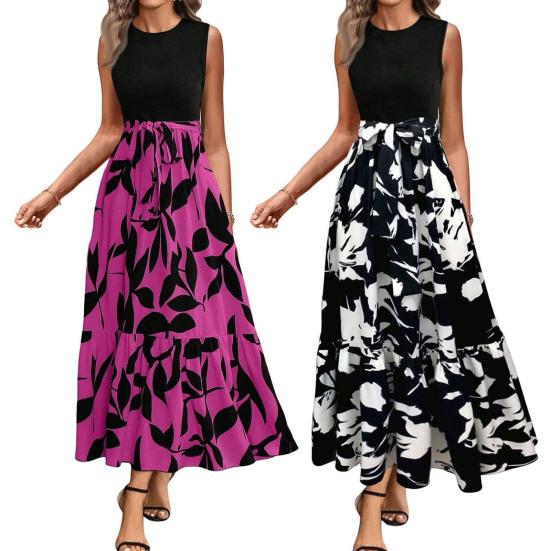 Женское летнее платье с круглым вырезом и коротким рукавом, с принтом и дизайном стыков, платье миди со струящимся подолом, пляжное вечернее платье