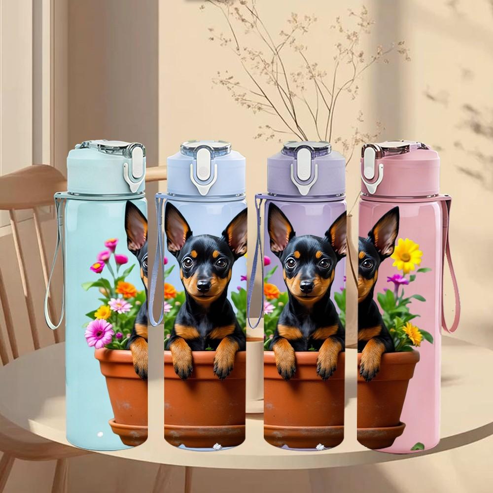 1PC Potted Flower Terrier Dog Print 750ml Color Plastic Sports Water Bottle Leakproof Flip Straw Lid Suitable for Sports Office Home Use