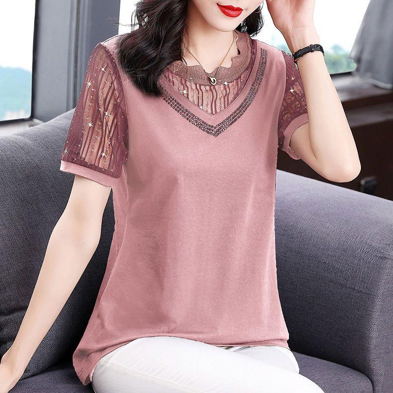 Commute Fashion Gauze Spliced Pullovers Women's Clothing Casual Round Neck Diamonds Summer Short Sleeve Solid Color T-shirt