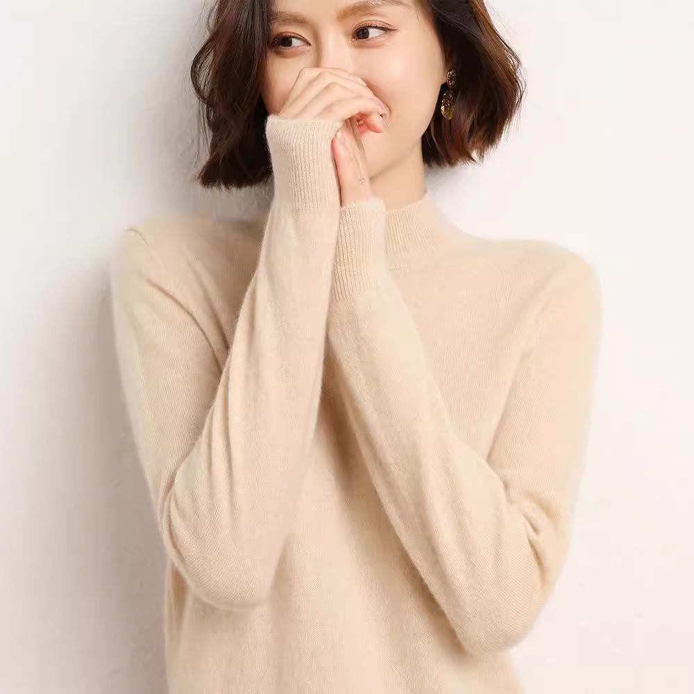 2024 Новый женский корейский стиль с полувысоким воротником и длинными рукавами, однотонный свитер, пуловер