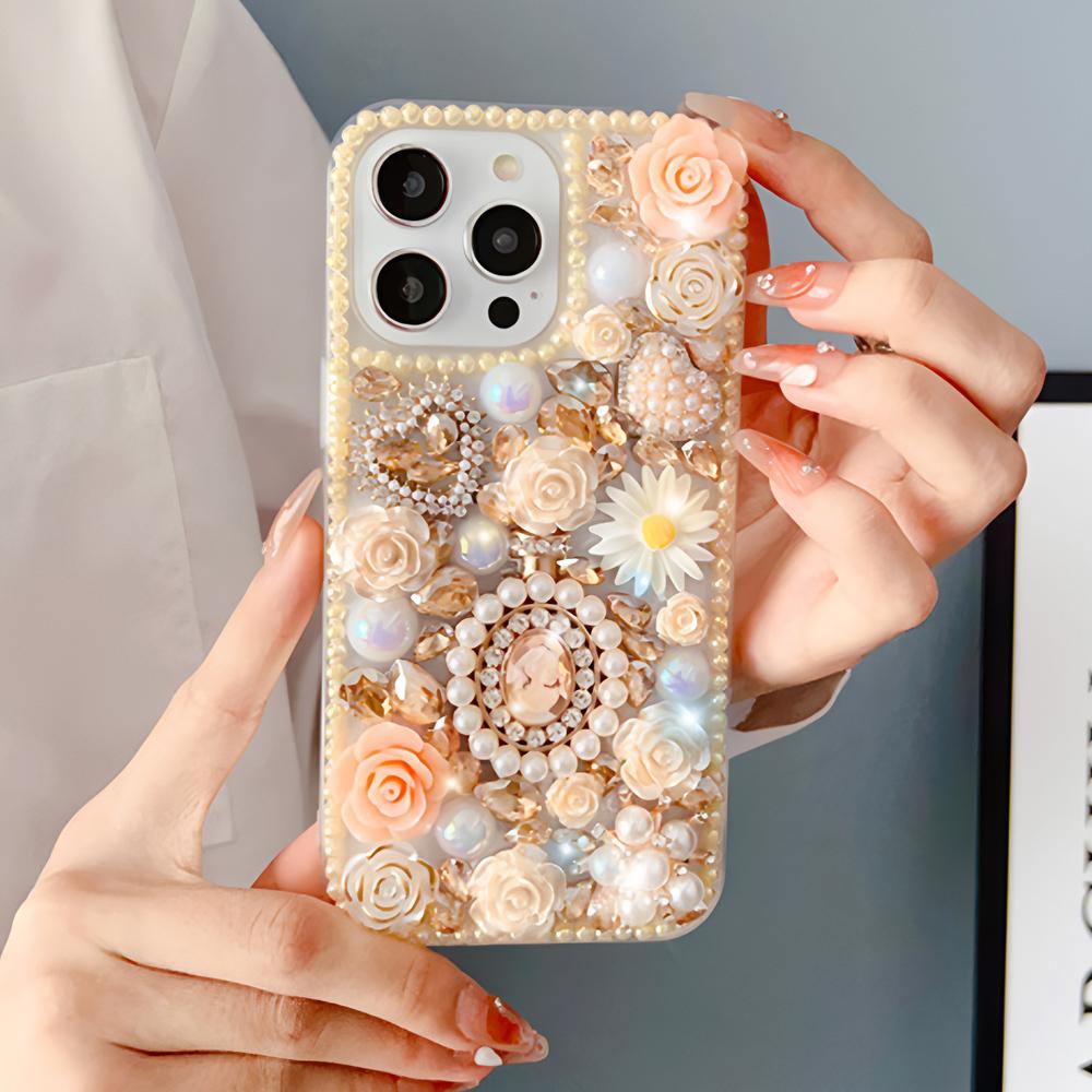 Glitter Bling Floral Phone Case For VIVO V50 Lite Pro V50E V29E V40E V30E V27E 4G 5G 3D Rose Pearl Rhinestone Cover Girls Gift