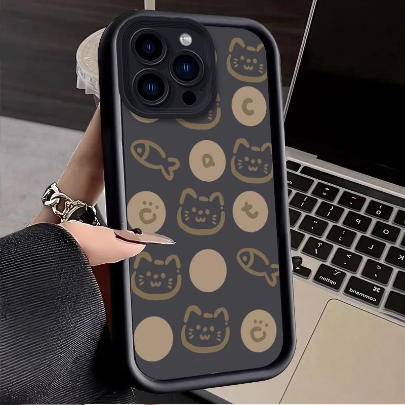 Корейский Инста-стиль Милый Кот Рыба Однотонный Чехол для Телефона для iPhone 17 Air 16 E 15 14 Plus 13 12 Mini 11 Pro Max Жидкий Силиконовый Чехол