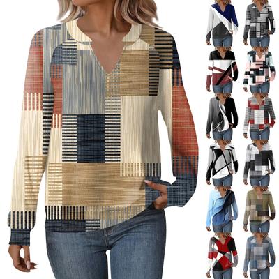 Женская повседневная толстовка с длинным рукавом и V-образным вырезом, свободный пуловер с геометрическим принтом в стиле пэчворк