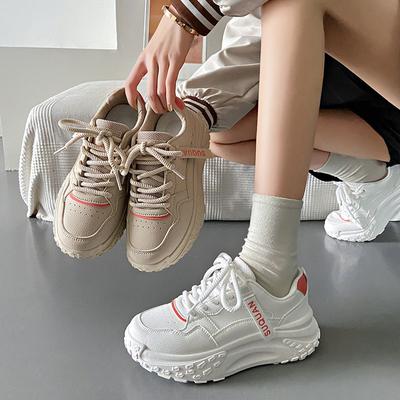 Весна Новые Толстоподошвенные Увеличивающие Рост Женские Туфли Повседневные Кроссовки Папы Студенческие Кожаные Кроссовки Женские