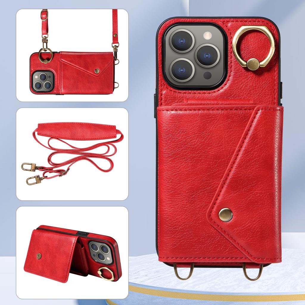 Для iPhone 15 серии. Для iPhone 15, 15 Plus, 15 Pro, 15 Pro Max плечевой ремень веревка кольцо кронштейн дизайн держатель для карт слоты личи узор чехол для телефона