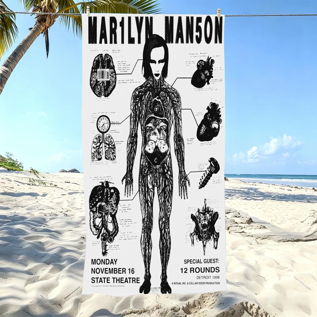 Пляжное полотенце с принтом M-Marilyn M-Manson, из микрофибры, быстросохнущее, впитывающее, в темном рок-стиле, спортивное полотенце для спортзала, аксессуары для пляжа и отдыха на природе