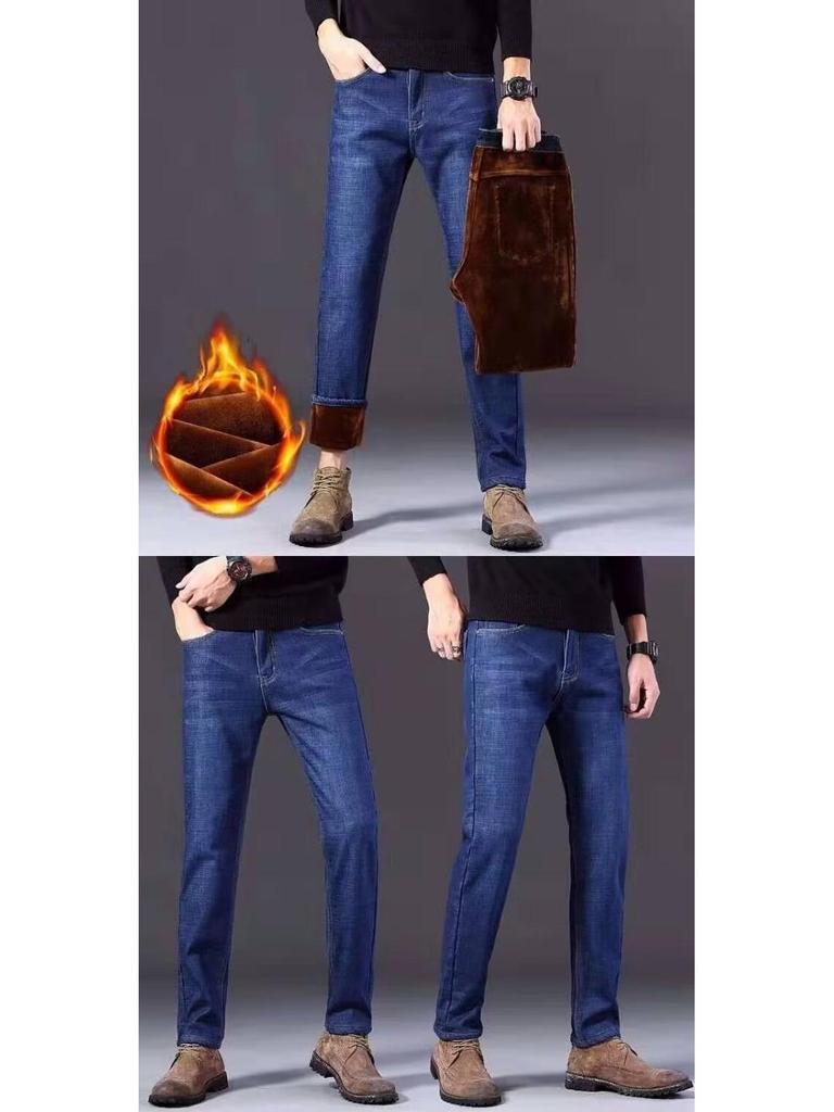 Джинсы из плотного бархата с высокой талией для мужчин среднего возраста: Теплые, морозостойкие, износостойкие, не мнется, свободные, удобные осенне-зимние брюки