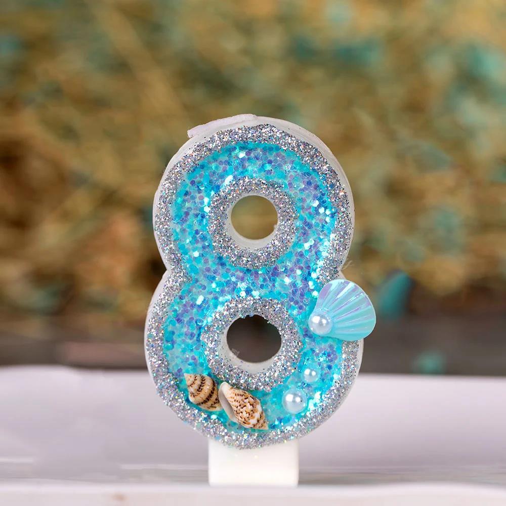 Birthday Candle 1 Year Mermaid Birthday Candle for Cake Sparkly Blue Seafish Candle Topper for Party Decorations Supplies 1