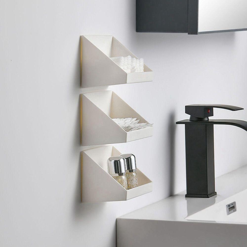 Plastic Mirror Cabinet Organizer Wall Mounted White/Transparent Oblique Opening Storage Box Perforated Free Self Adhesive