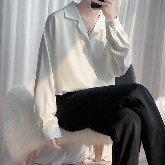 Мужская рубашка с кубинским воротником, длинный рукав, на пуговицах, повседневная рубашка свободного кроя, однотонная рубашка для работы, вечеринок, свиданий